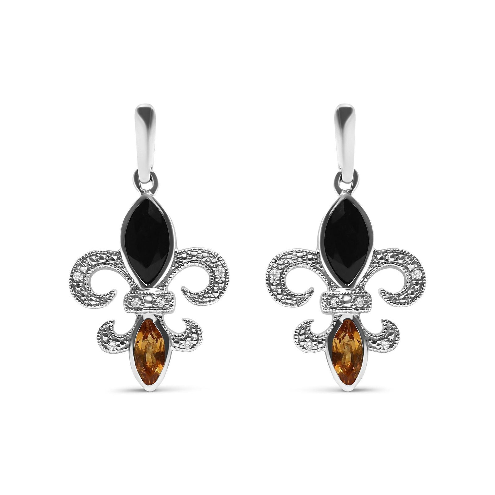 925 Sterling Silver Diamond Fleur De Lis Drop Earrings With Onyx & Citrine - Lovez Aqua© - 