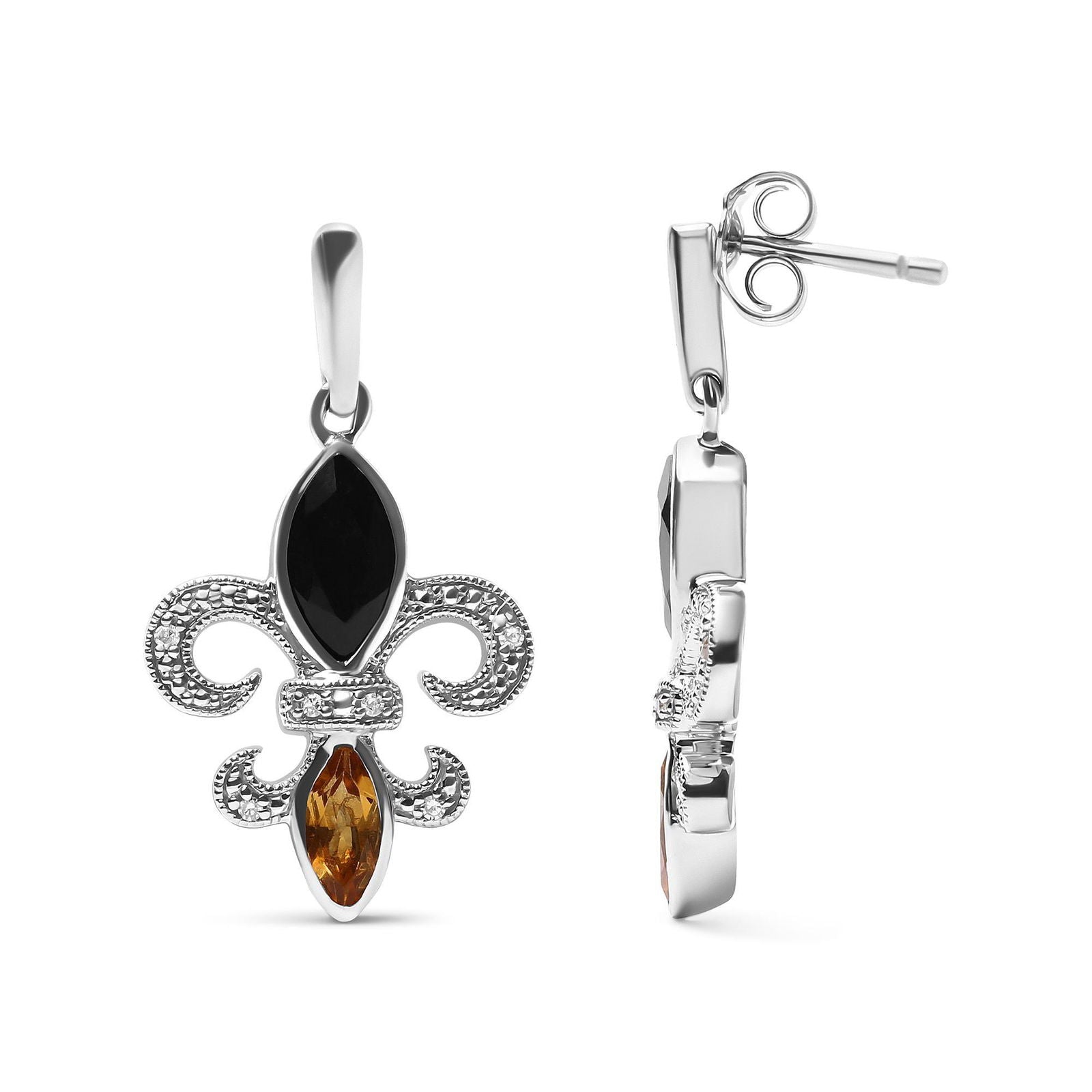 925 Sterling Silver Diamond Fleur De Lis Drop Earrings With Onyx & Citrine - Lovez Aqua© - 