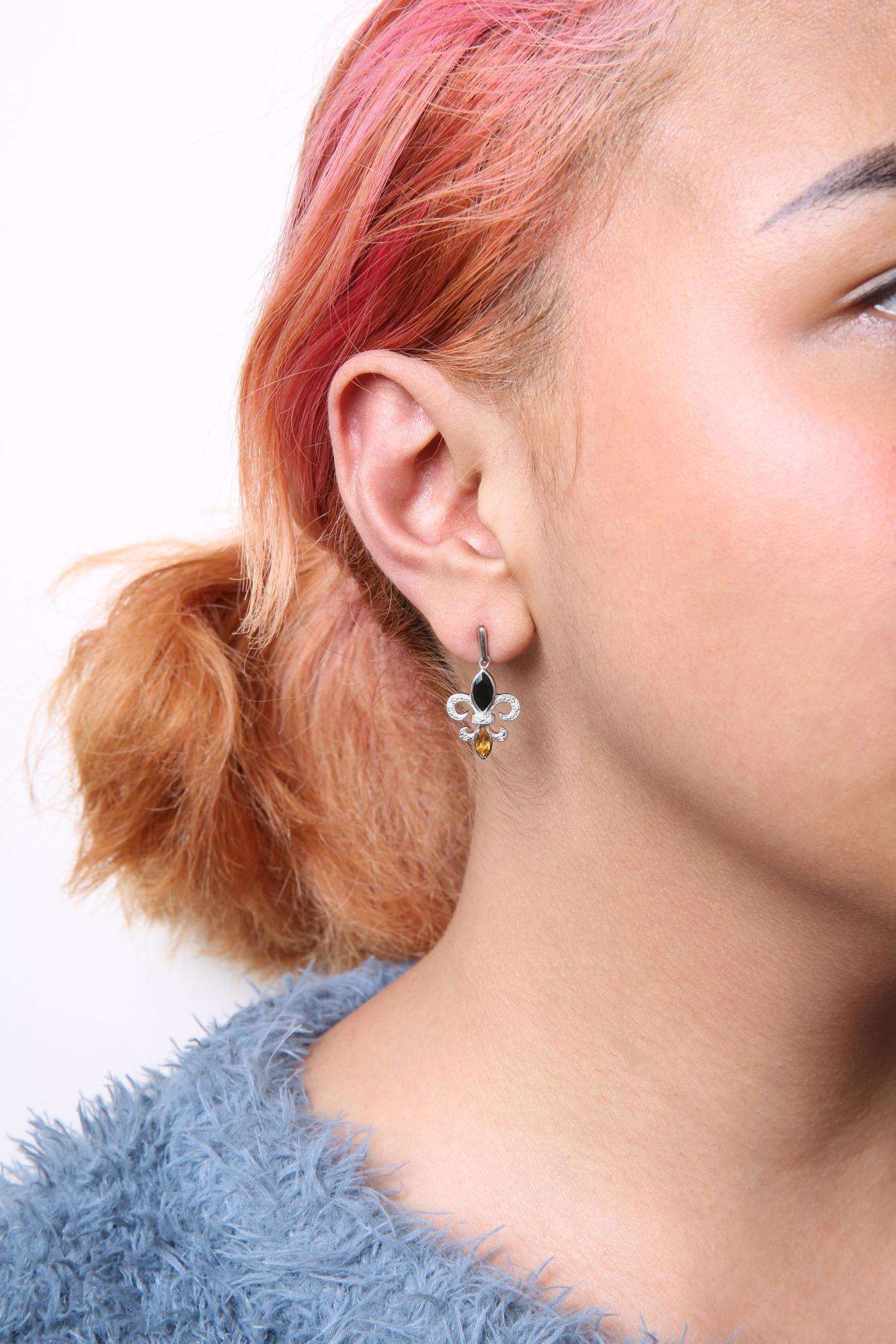 925 Sterling Silver Diamond Fleur De Lis Drop Earrings With Onyx & Citrine - Lovez Aqua© - 