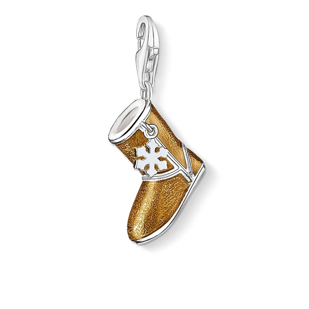 925 Sterling Silver Gold Fluffy Snow Boots & Snowflake Embellishment Charm - Lovez Aqua© - Lobster Clasp