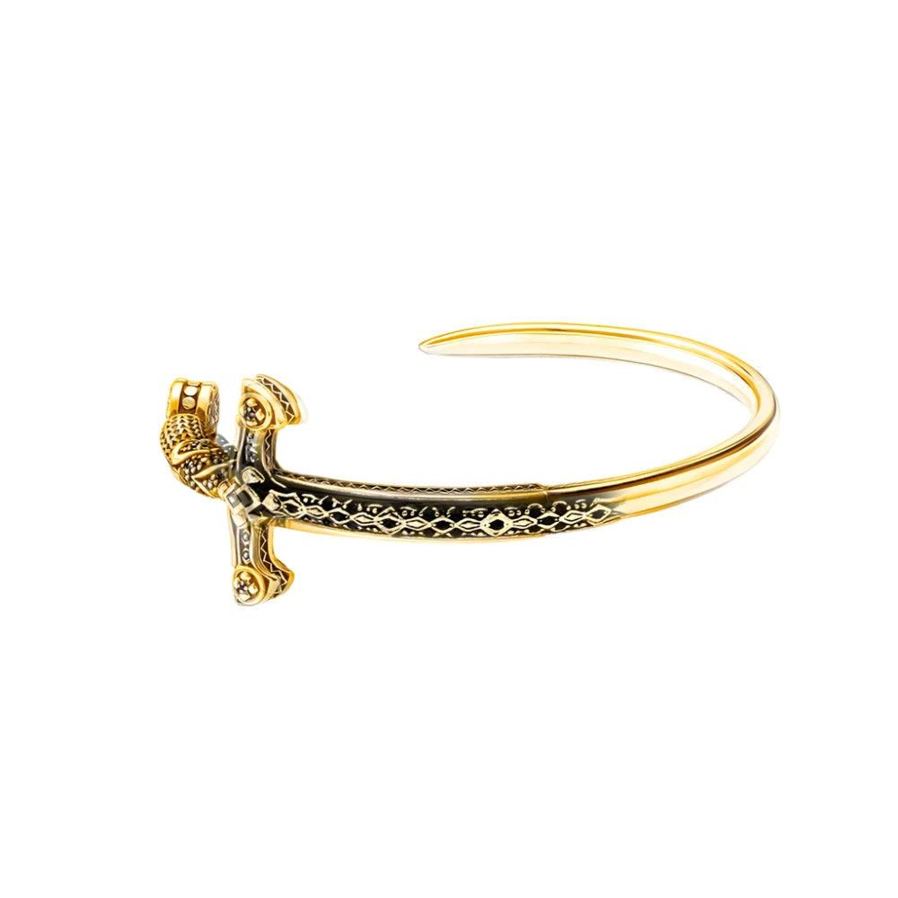 925 Sterling Silver Gold Plated Royal Ornamentation Sword Adjustable Cuff Bangle - Lovez Aqua© - Default Title