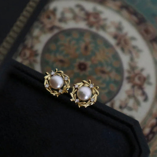 925 Sterling Silver Gold Plated Vintage Pearl Zircon Flower Stud Earrings - Lovez Aqua© - 