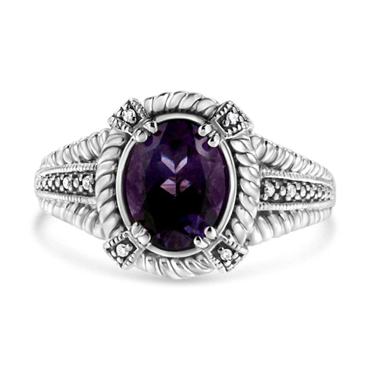 925 Sterling Silver Natural Purple Amethyst & Diamond Oval Prong Set Ring - Lovez Aqua© - 