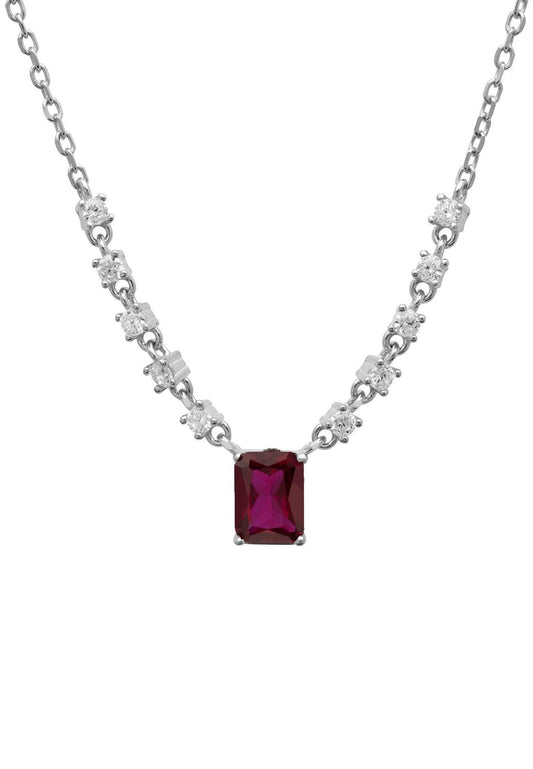 925 Sterling Silver Pendant Necklace With Square-Cut Ruby & Cubic Zirconia - Lovez Aqua© - 