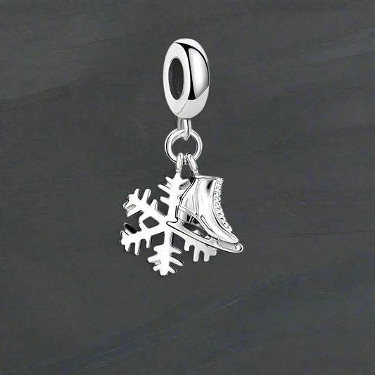 925 Sterling Silver Snowflake & Ice Skates Winter Sports Pendant Charms - Lovez Aqua© - 