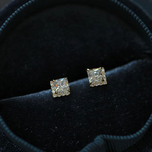 925 Sterling Silver Square White Zircon Vintage Classic Women's Stud Earrings - Lovez Aqua© - 