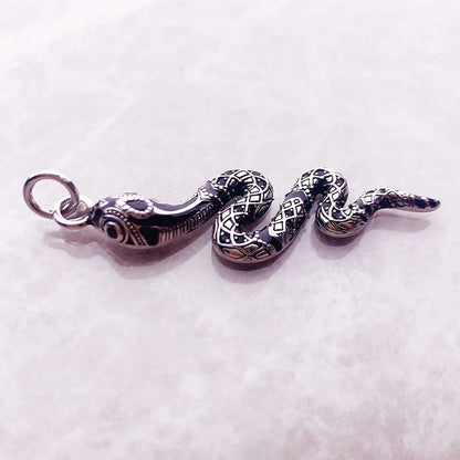 925 Sterling Silver Twisted Snake Black Zircon Encrusted Pendant Charm - Lovez Aqua© - 