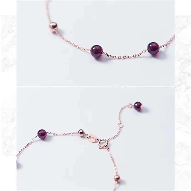 925 Sterling Silver Women's Round Red Garnet Beaded Chain Link Charm Bracelet - Lovez Aqua© - 