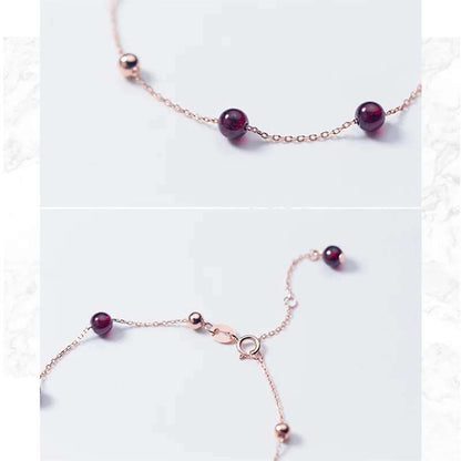 925 Sterling Silver Women's Round Red Garnet Beaded Chain Link Charm Bracelet - Lovez Aqua© - 