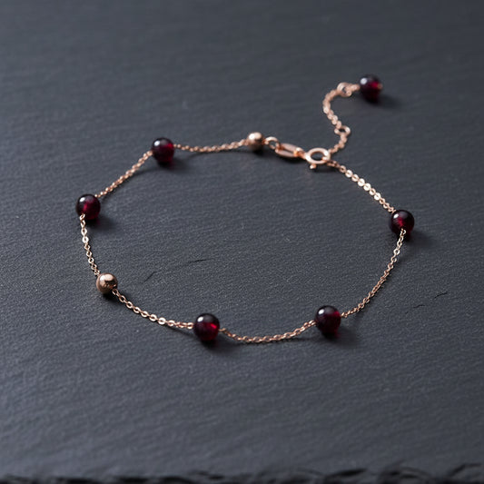 925 Sterling Silver Women's Round Red Garnet Beaded Chain Link Charm Bracelet - Lovez Aqua© - 