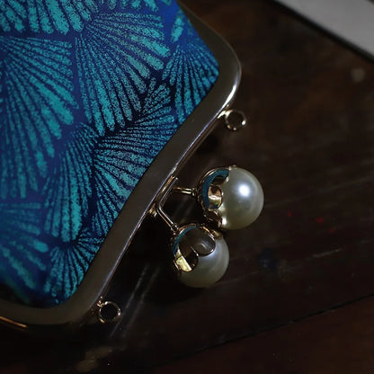 Vintage Blue Ocean Seashell Brocade Bridal Clutch Purse with Pearl Kiss Clasp - Lovez Aqua© - 