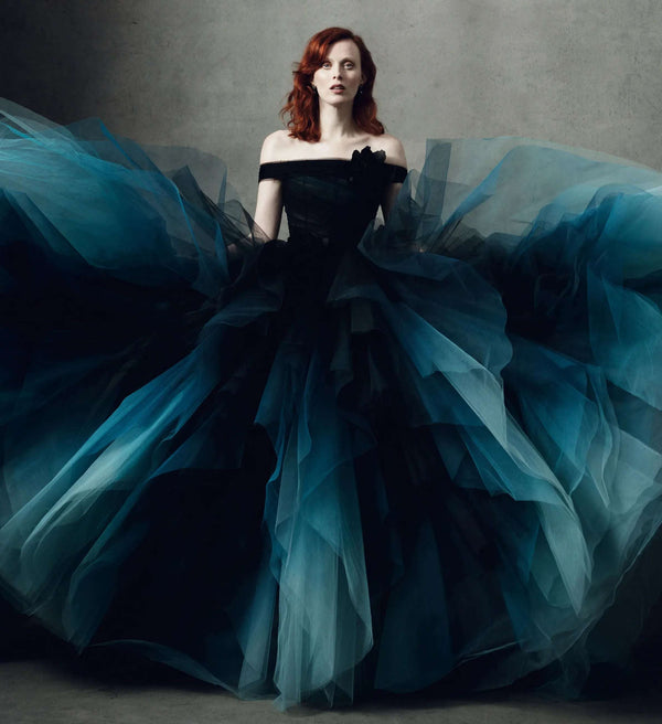 Women's Dark Blue Ombre Tulle Sleeveless Layered Fantasy Evening Ball Gown - Lovez Aqua© - 
