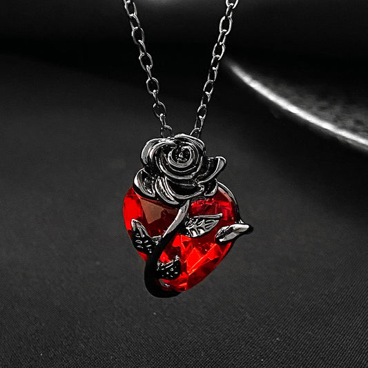 Gothic Blackened Iron Rose Red Love Heart Women's Pendant Necklace - Lovez Aqua© - 