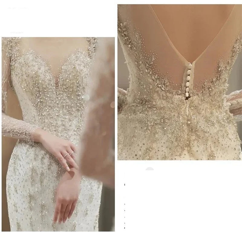 White Long Sleeve V-Back Lace Wedding Dress With Beaded Details & Sheer Overlay - Lovez Aqua© - 
