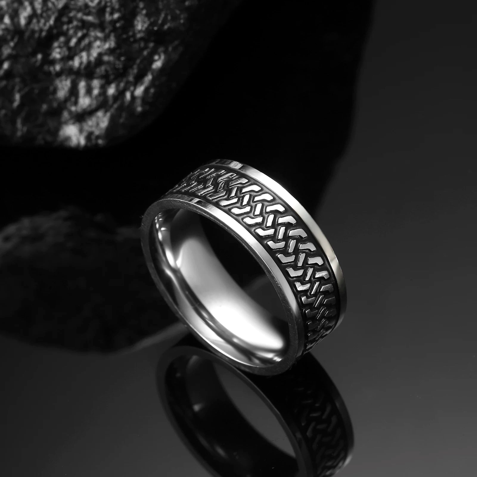Men's Geometric Engraved Pattern Thick Stainless Steel Band Ring - Lovez Aqua© - 