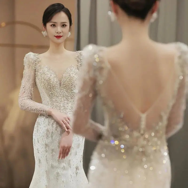 White Long Sleeve V-Back Lace Wedding Dress With Beaded Details & Sheer Overlay - Lovez Aqua© - 