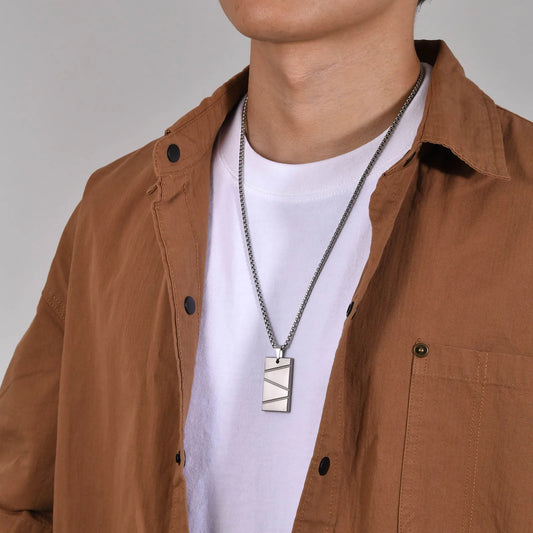 Men's Stainless Steel Patterned Rectangle Dog Tag Box Chain Necklace - Lovez Aqua© - 