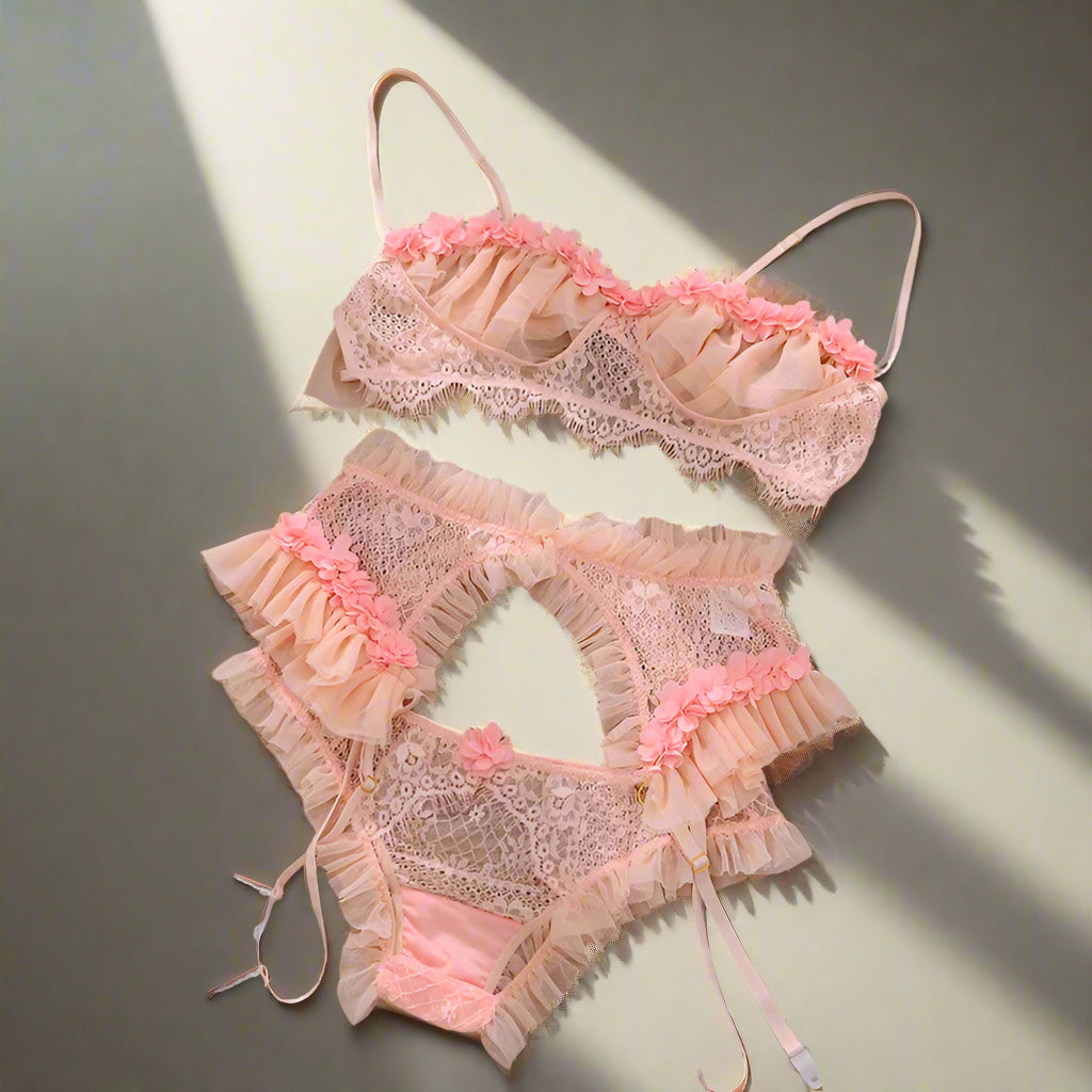 Women's Delicate Pink Transparent Lace & Ruffles Bra, Thongs & Garter Lingerie - Lovez Aqua© - M