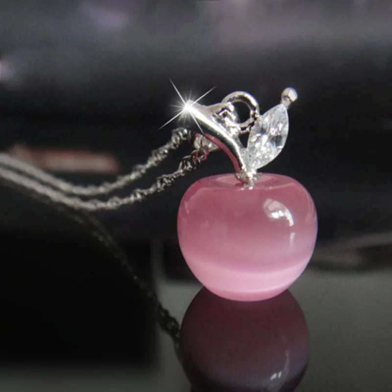 Women's Cute Apple Pendant Necklace with Cubic Zirconia Accents & Fine Chain - Lovez Aqua© - 