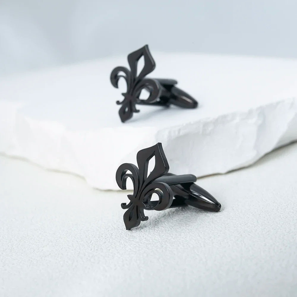 Men's Classic Fleur de Lis Stainless Steel French Coat of Arms Cufflinks - Lovez Aqua© - Black
