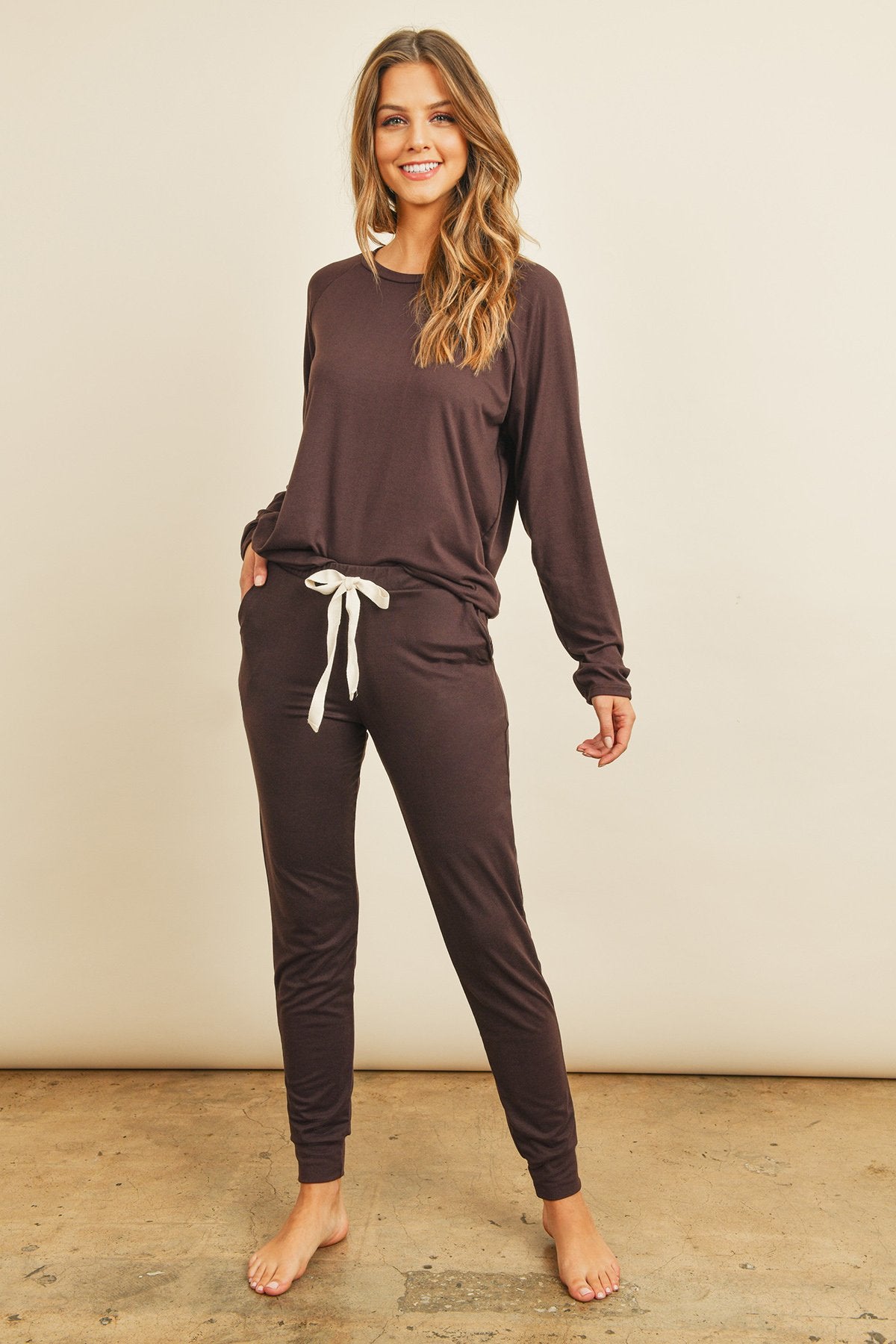 Women's Casual Solid Color Brushed Top & Jogger Bottom Set with Self Tie - Lovez Aqua© - Brown / Small