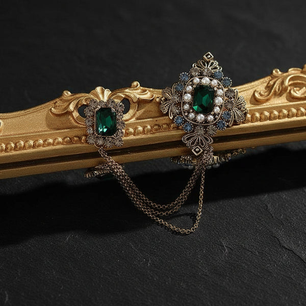 Men's Baroque Gold-Plated Tassel Chain Brooch with Emerald Green Gemstones - Lovez Aqua© - 