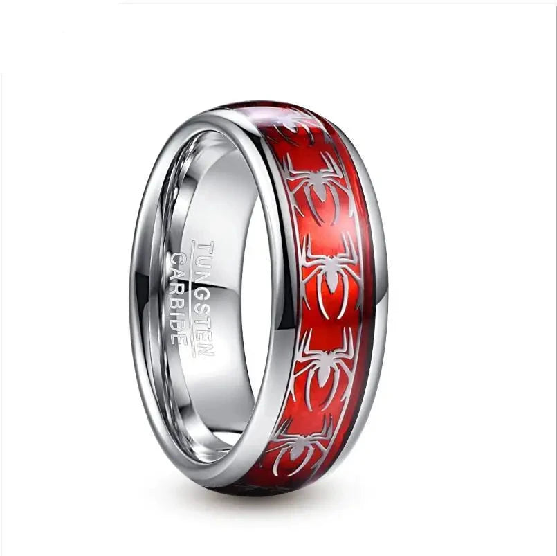 Marvel's Spiderman Men's Spider Motif Inlaid Red Opal Tungsten Band Ring - Disney - Red & Silver / 8