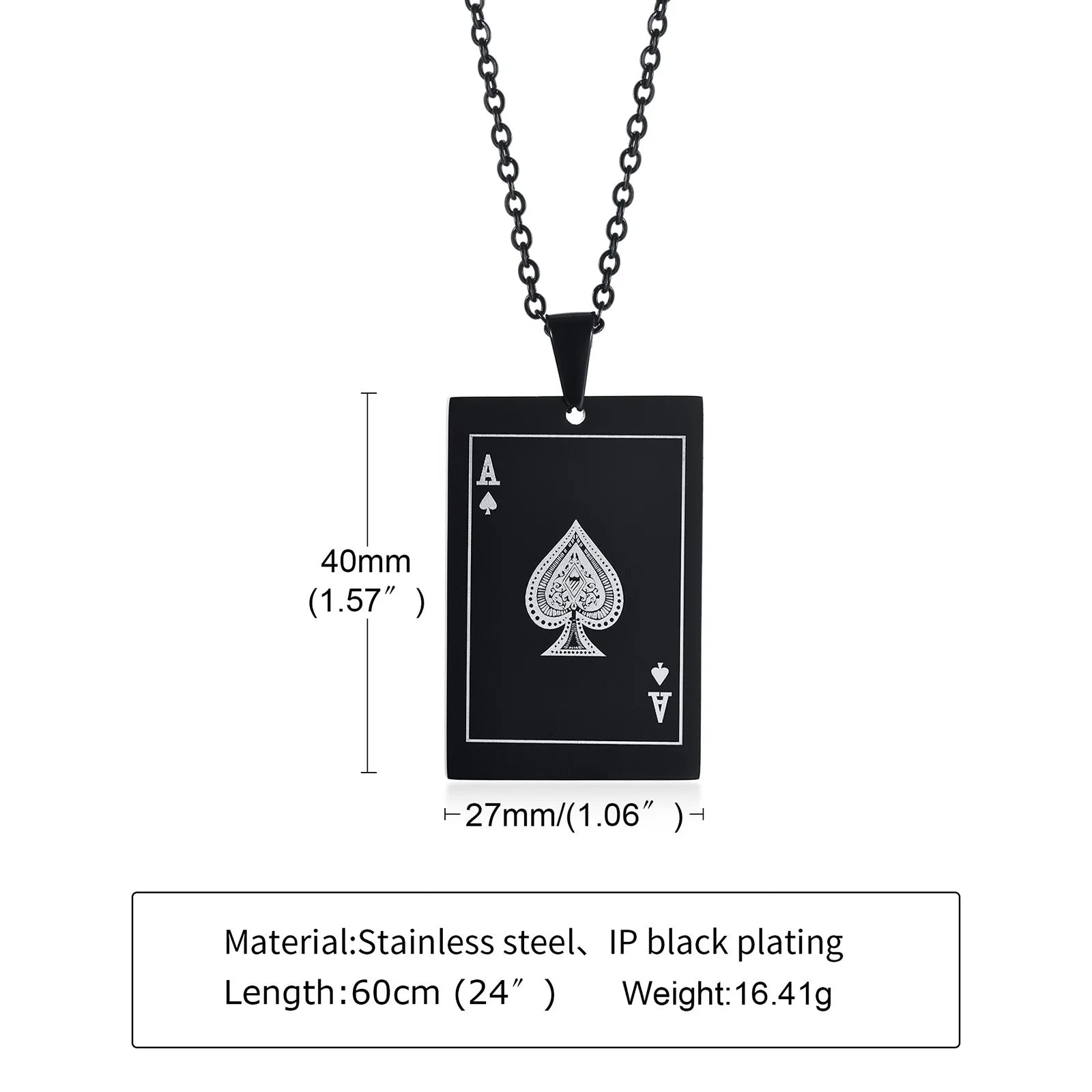 Men's Ace of Spades Poker Card Stainless Steel Dog Tag Necklace - Lovez Aqua© - 