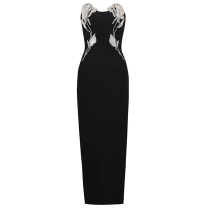 Women's Black Sleeveless Bodycon Maxi Dress with High Slit & Rhinestone Roses - Lovez Aqua© - L