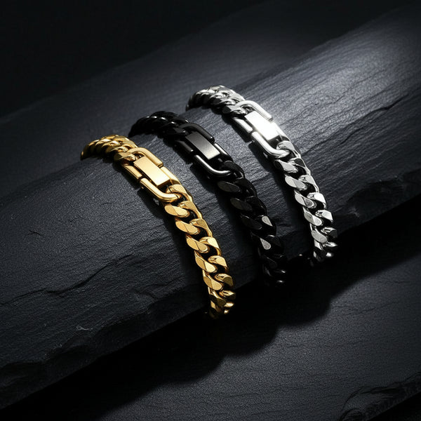 Men's Titanium Steel Golden Black Silver Cuban Chain Bracelet