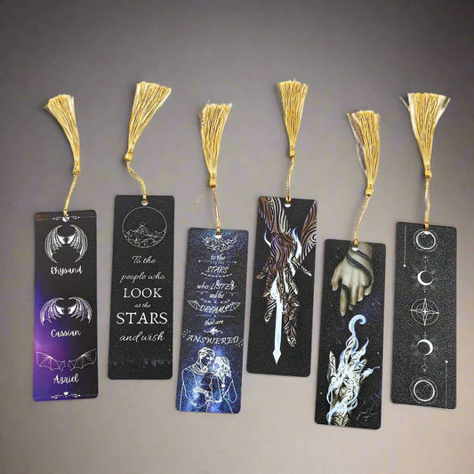 ACOTAR Velaris Moon, Mountain, Bat Wings Acrylic Bookmarks with Golden Tassel - ACOTAR - 