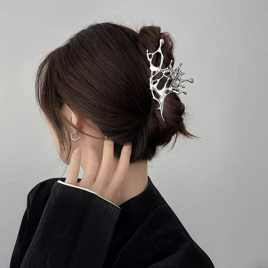 Abstract Gothic Liquid Silver Geometric Women's Large Metal Hair Claw Clip - Lovez Aqua© - 
