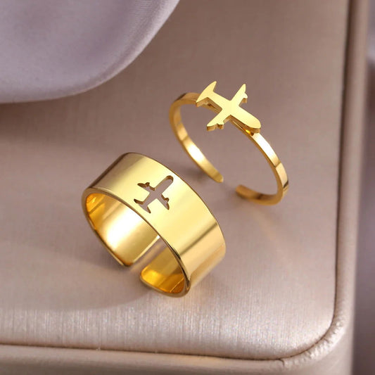 Airplane Hollow Cutout Stainless Steel Matching Couple Rings (2Pcs/Set) - Lovez Aqua© - Gold