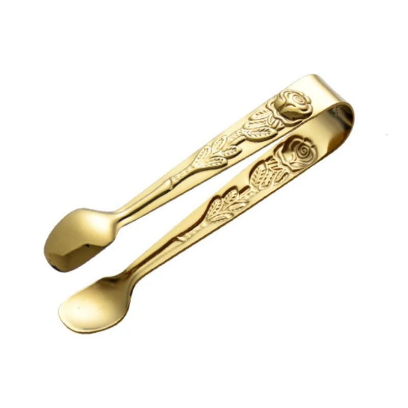 Antique Engraved Rose Metallic Stainless Steel Ice Cube Tongs - Lovez Aqua© - Gold