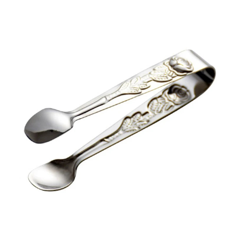 Antique Engraved Rose Metallic Stainless Steel Ice Cube Tongs - Lovez Aqua© - Sliver