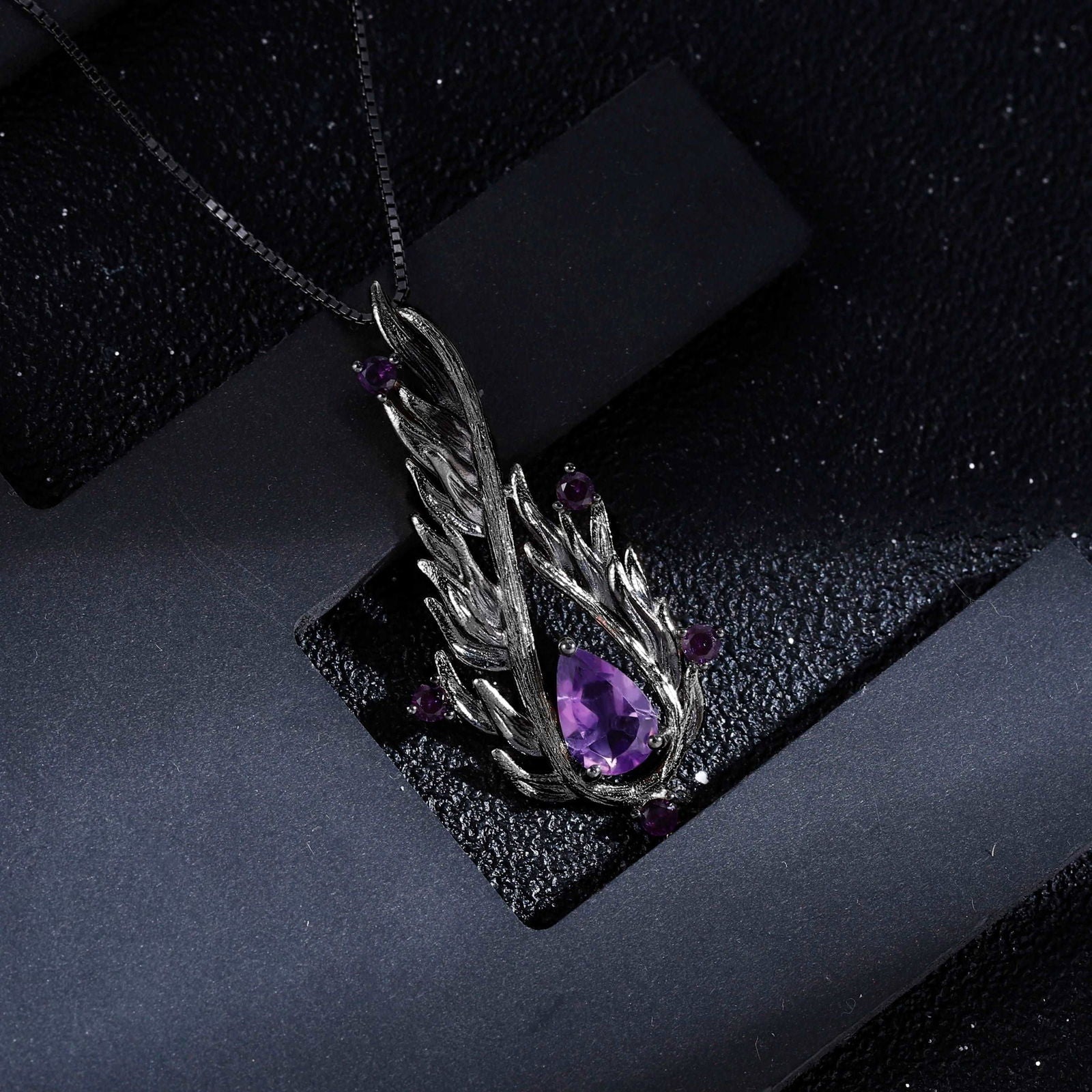 Black 925 Sterling Silver & Natural Amethyst Gemstone Angel Wings Necklace - Lovez Aqua© - 