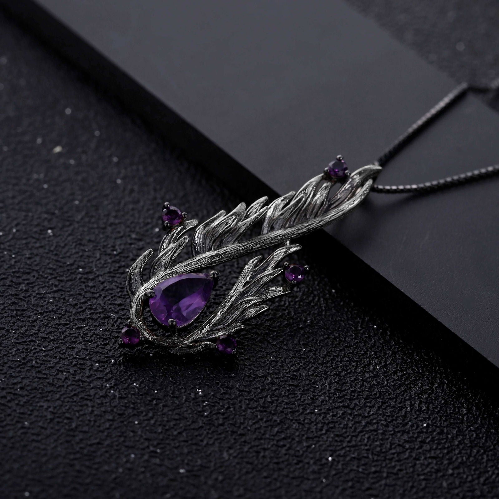 Black 925 Sterling Silver & Natural Amethyst Gemstone Angel Wings Necklace - Lovez Aqua© - 