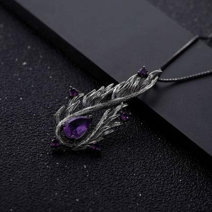Black 925 Sterling Silver & Natural Amethyst Gemstone Angel Wings Necklace - Lovez Aqua© - 