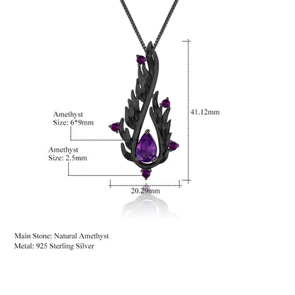 Black 925 Sterling Silver & Natural Amethyst Gemstone Angel Wings Necklace - Lovez Aqua© - 
