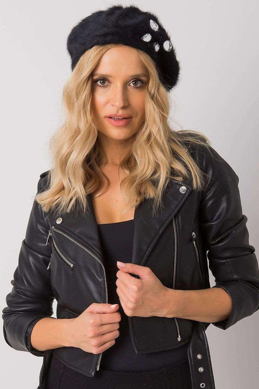 Black Faux Fur Women’s Beret with Rhinestone Embellishments - Lovez Aqua© - 