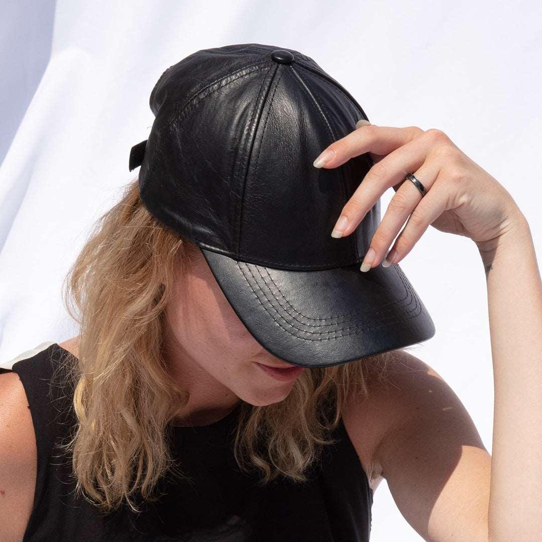 Black Genuine Leather Baseball Cap with Velcro Closure - Lovez Aqua© - 