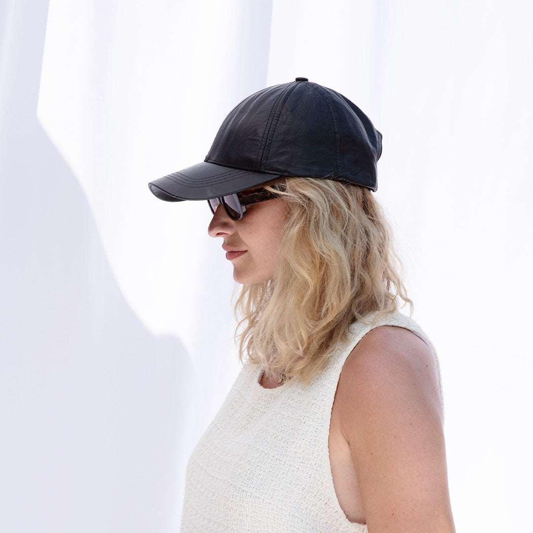 Black Genuine Leather Baseball Cap with Velcro Closure - Lovez Aqua© - 