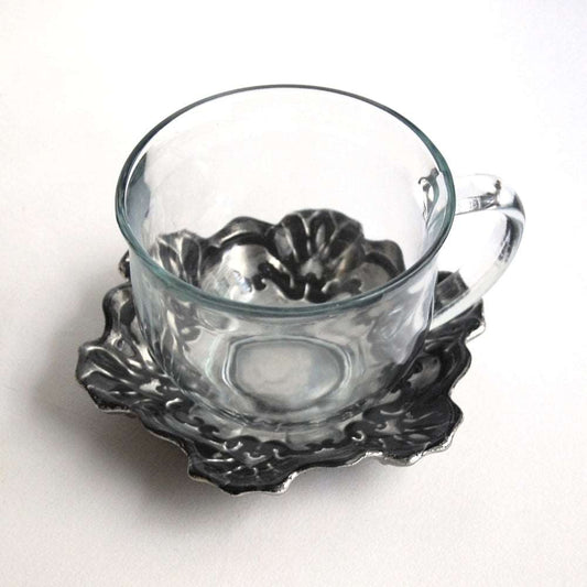 Black & Silver Floral 18oz Glass Cup & Baroque Gilded Glass Saucer (2pcs Set) - Lovez Aqua© - 