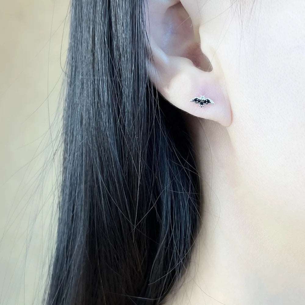 Black & Silver Zircon Encrusted 925 Sterling Silver Bat Stud Earrings - Lovez Aqua© - 