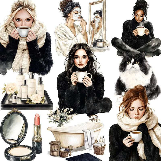 Black & White Women's Winter Beauty Pampering Decorative Stickers (20 Pieces) - Lovez Aqua© - 