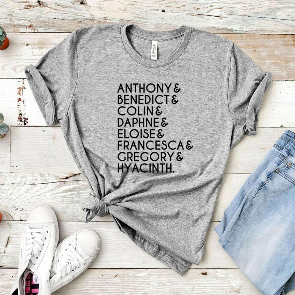 Bridgerton Lady Whistledown Society Character Names Women's Graphic T-Shirt - Lovez Aqua© - Gray / L