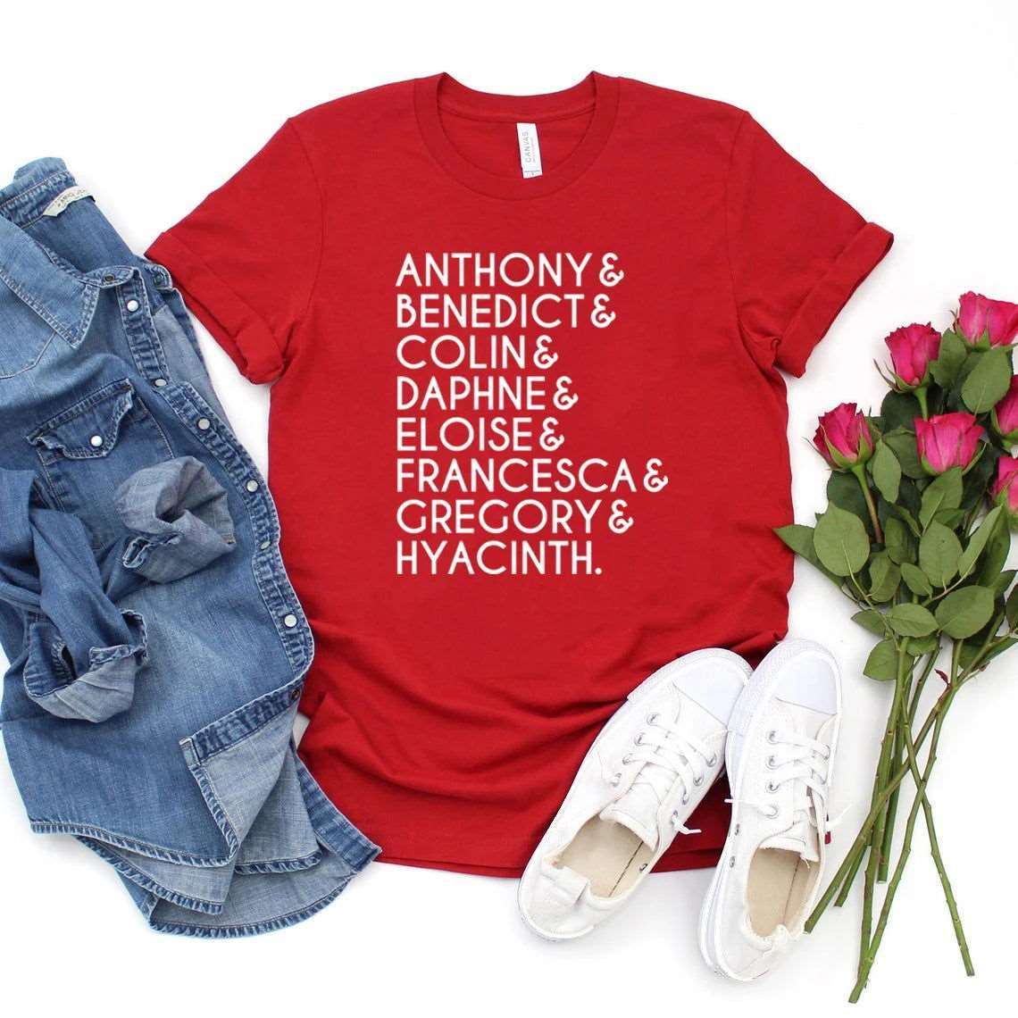 Bridgerton Lady Whistledown Society Character Names Women's Graphic T-Shirt - Lovez Aqua© - Red / L