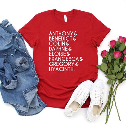 Bridgerton Lady Whistledown Society Character Names Women's Graphic T-Shirt - Lovez Aqua© - Red / L