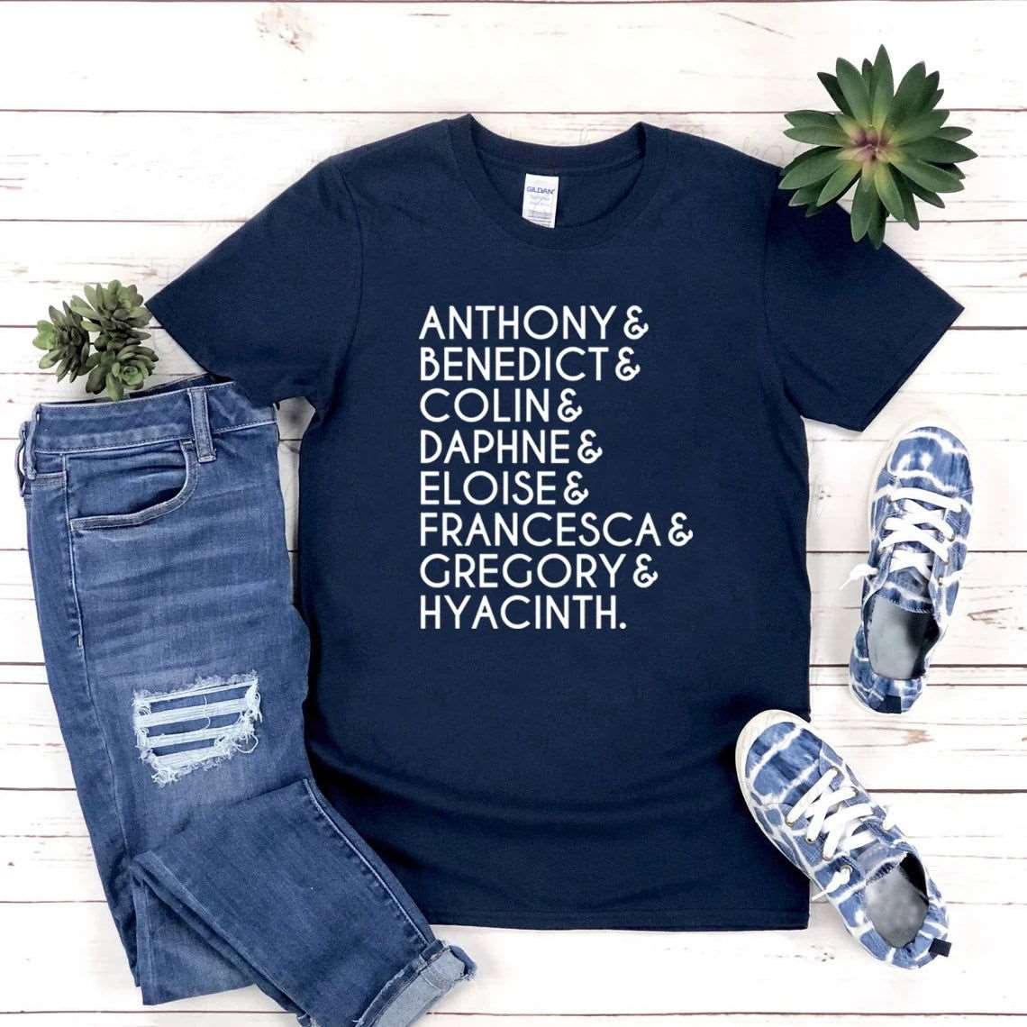 Bridgerton Lady Whistledown Society Character Names Women's Graphic T-Shirt - Lovez Aqua© - Navy Blue / L