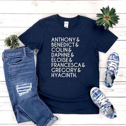 Bridgerton Lady Whistledown Society Character Names Women's Graphic T-Shirt - Lovez Aqua© - Navy Blue / L